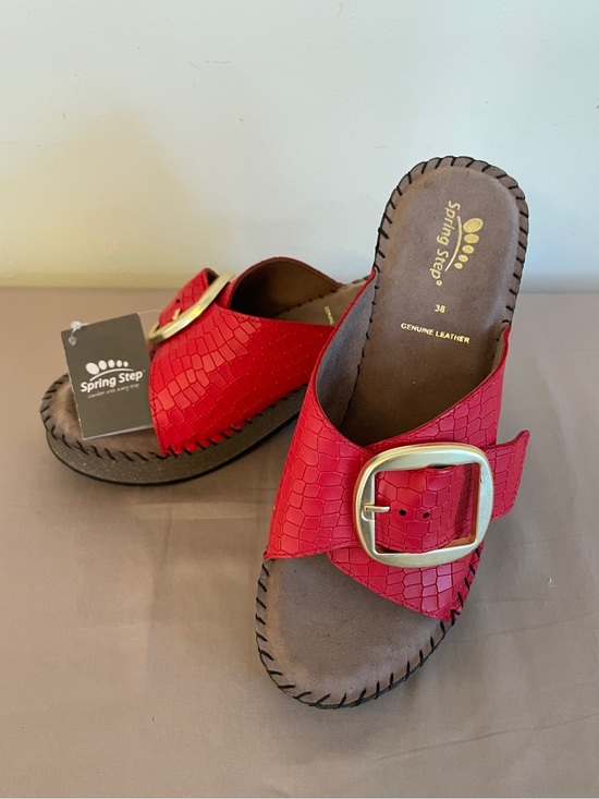 Spring Step Shoes - Spring Step Red Leather Slide with Gold Buckle
